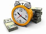 3d illustration of clock with big heap of money
