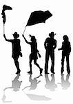 Vector drawing of people in cowboy hats. Silhouettes on white background