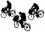 Vector drawing silhouette of a postman cyclist in motion. Silhouette on white background