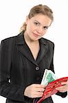 businesswoman with purse and money  on a white background