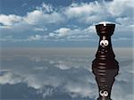 black chess rook with comic face under cloudy blue sky - 3d illustration