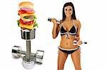 workout burger brunette in bikini exercise