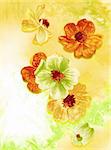 red ,orange and green flowers in a yellow background