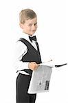 Boy holding a newspaper isolated on white background