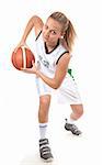 Young basketball player in action, isolated on white background