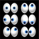 Six pairs of cartoon eyes looking in different directions