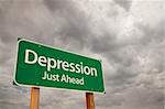 Depression Just Ahead Green Road Sign with Dramatic Storm Clouds and Sky.