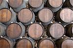 Wooden barrels in a wine cellar