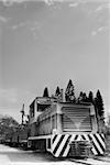 Locomotive of discard under sky in black and white tone.