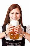 /Portrait of happy Bavarian woman with Oktoberfest beer stein. Isolated on white background.