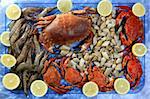 Crabs tellin shrimp clams and lemon seafood still life