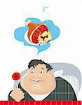 Illustration of a fat boy on a diet dreaming about fat roast