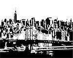 Urban city silhouette pen drawing. Vector illustration