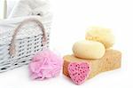 Toiletries stuff sponge gel shampoo and bath towels on white background