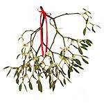 Mistletoe with red ribbon and bow isolated over white background.