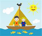 Girl and boy on sailing adventure. EPS file available.