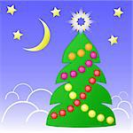 Christmas decorated fir tree against starry sky