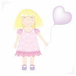 A little girl on a white background, holding a balloon. Greeting card. Vector illustration.