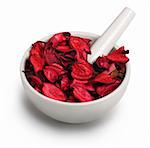 Mortar and pestle with dry rose petals isolated on white background