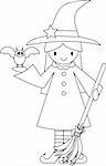 Black and White Illustration of a Witch holding a Bat and a Broom