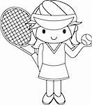 Black and White Illustration of a girl with a Tennis Racket and Ball