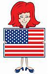 Cartoon lady holding American flag with matching shoes and hair color
