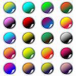 Web buttons. Round shiny set of 20 navigation buttons in assorted colors. Isolated on white.