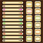 Web buttons, gold based with assorted colored arrows and shapes. Isolated on brown.