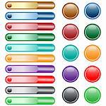 Web buttons set in assorted shiny colors and shapes. Isolated on white.