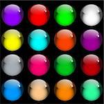 Web buttons. Sixteen shiny gel buttons in assorted colors. Isolated on black.
