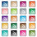 RSS square web buttons set in 20 assorted colors. Isolated on white.