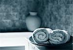 Two white rolled towels in a bathing room