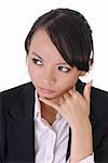 Worried business woman with telephone gesture, closeup portrait on white background.