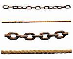 collection of various ropes and chains on white background. each one is in cameras full resolution