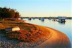 Houseboats and yachts moored in the Broadwater Gold Coast Australia on a golden morning.