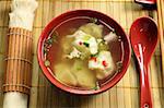 Delicious Chinese short soup with dumplings and diced shallots.