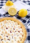 Delightful lemon meringue pie with fresh lemons ready to serve.