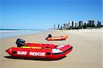 Surf rescue boats on Southport beach looking towards Surfers Paradise on the Gold Coast Australia.