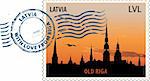 Postmark with night sight of Old Riga cityscape