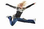 Isolated picture of beautiful young woman blond long hair and happy smiling facial expression jumping very up.