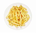 close up of ready to use french fries in white plate on white background with clipping path