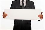 business man with white card over a white background