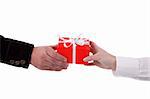 Detail of a man giving a gift to a woman, isolated on white studio shot