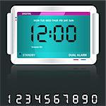 Digital alarm clock isolated on dark grey with reflection and spare digital numbers.