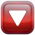 Red glossy button with white triangle turned down isolated over white background