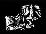 vector drawing candle with book on black background