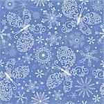 Bllue christmas repeating pattern with white snowflakes and butterflies (vector)