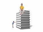 Boy pushing pile of white books and one boy sit on top of books over white background