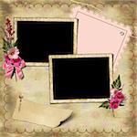 Vintage Photo Album. The frame is decorated with a bouquet of flowers hollyhocks