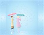 two women waiting in the rain on a blue background with raindrops